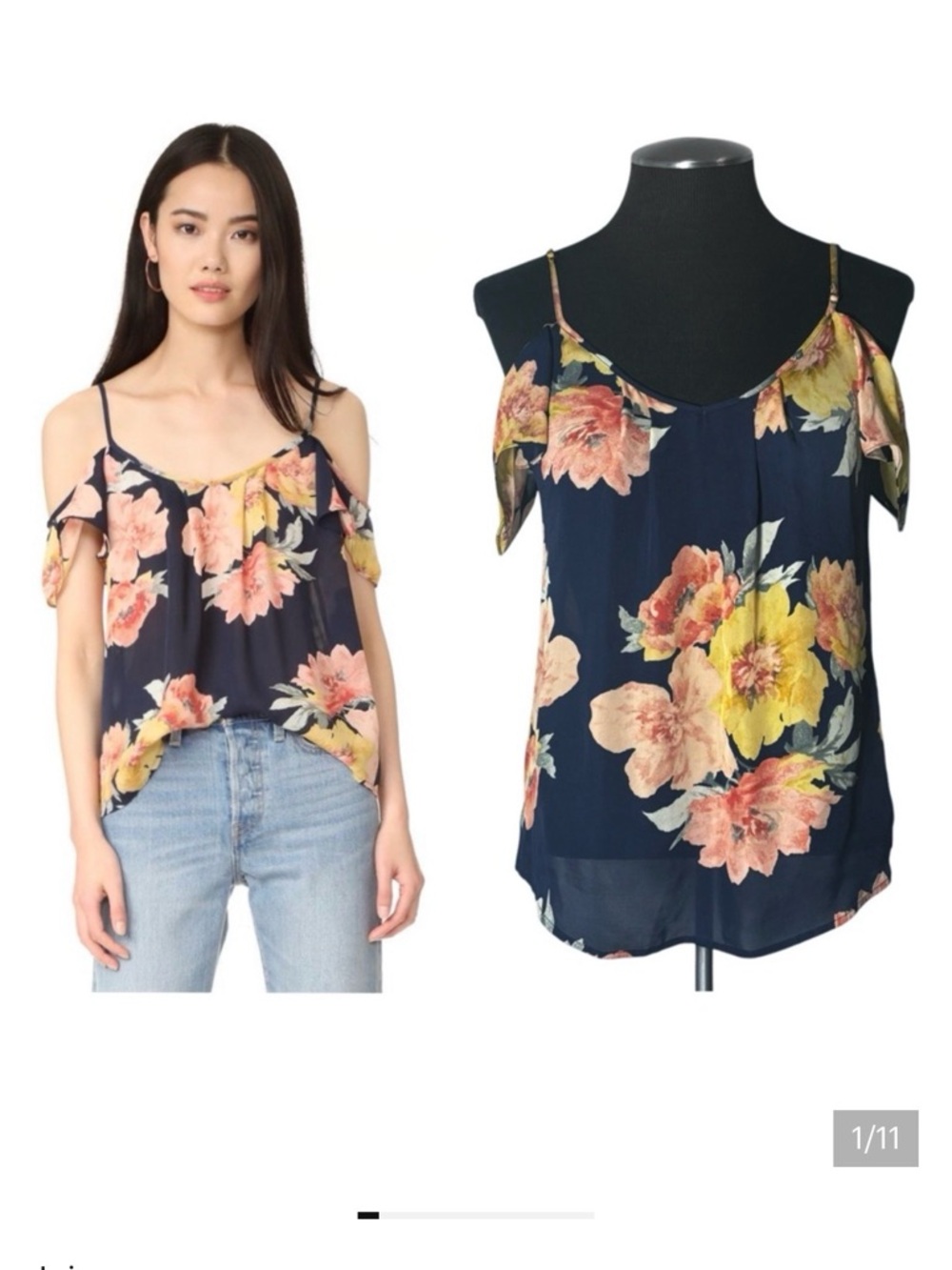 Joie  Navy Floral Cold-Shoulder 100% Silk Camisole